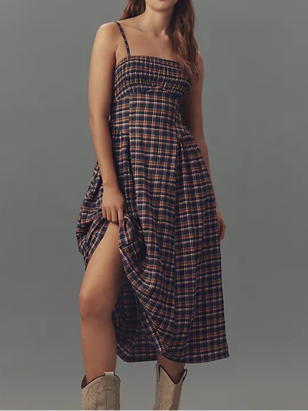 NEW Anthropologie Pilcro Sleeveless Smocked Plaid Midi Dress XS Petite